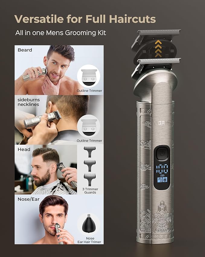 Hair Clipper & Trimmer Set for Men Professional, Waterproof Electric Razor Foil Shaver for Men Face Beard, Cordless for Hair Cutting, 4-Speed Setting, LED Battery Display, Barber or Home Use (Silver)