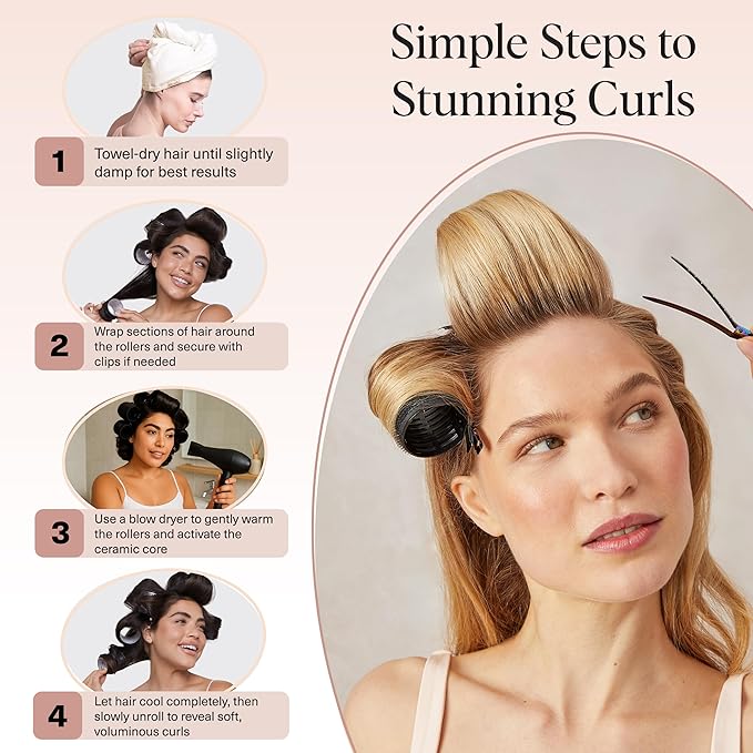 Kitsch Ceramic Hair Rollers for Women – Self-Grip Hair Curlers for Heatless Overnight Curls, Long-Lasting, Frizz-Free, Volumizing Large Rollers for All Hair Types – Black, 8 Count (Pack of 1)