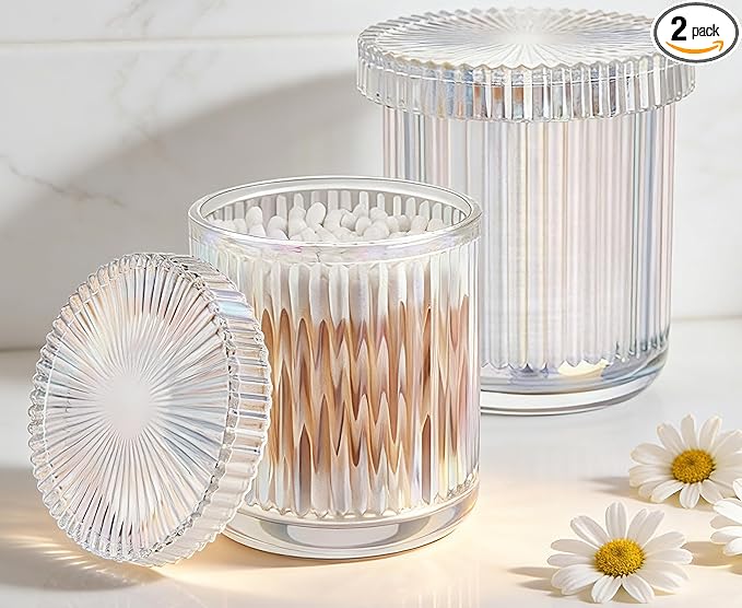 2 Pack Glass Qtip Holder Dispenser Set - Bathroom Organizer for Cotton Swabs, Balls, Pads, Floss Picks - Clear Apothecary Jars for Vanity, Makeup Storage, Bathroom Accessories Decor (Iridescent)