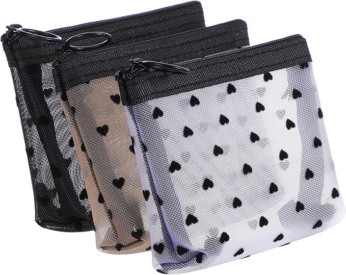 Aiyorse 3Pcs Mini Cosmetic Bags, Heart Print Mini Zipper Mesh Bags, Lipstick Cosmetic Accessories Organizer, Zipper Mesh Cosmetic Bag for Women, Small Makeup Bag for Purse, Style 3