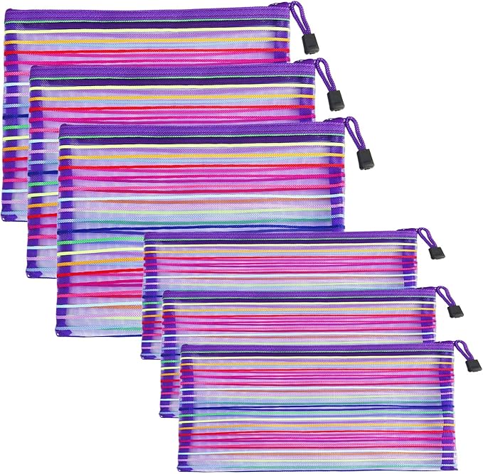 CarryEpic Mesh Bags with Zipper (6 Pack), Nylon Makeup Bag Cosmetic Pouches Travel Organizer Case for Purse Diaper Bag Home Organizing Striped Multi Size Purple