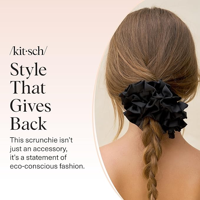 Kitsch Recycled Satin Ruffle Scrunchie – Gentle Hair Scrunchie for Women, Eco-Friendly Hair Tie No Damage, Stylish Ponytail Holder - Black