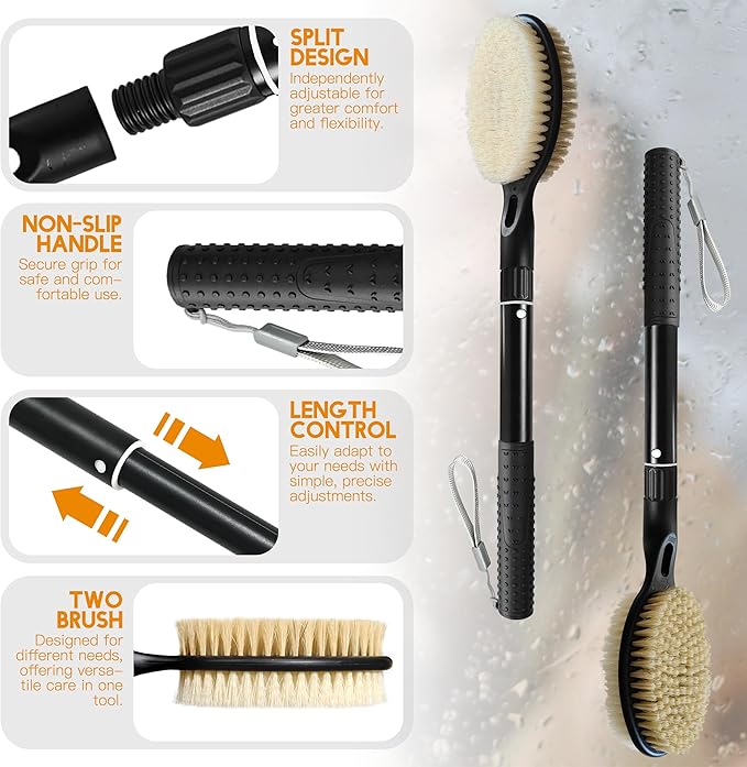 Back Scrubber for Shower with Long Handle, Dual-Sided Bath Brush for Wet & Dry Brushing, Soft & Stiff Bristles Body Exfoliator, Adjustable Detachable Shower Brush for Back, Legs & Feet