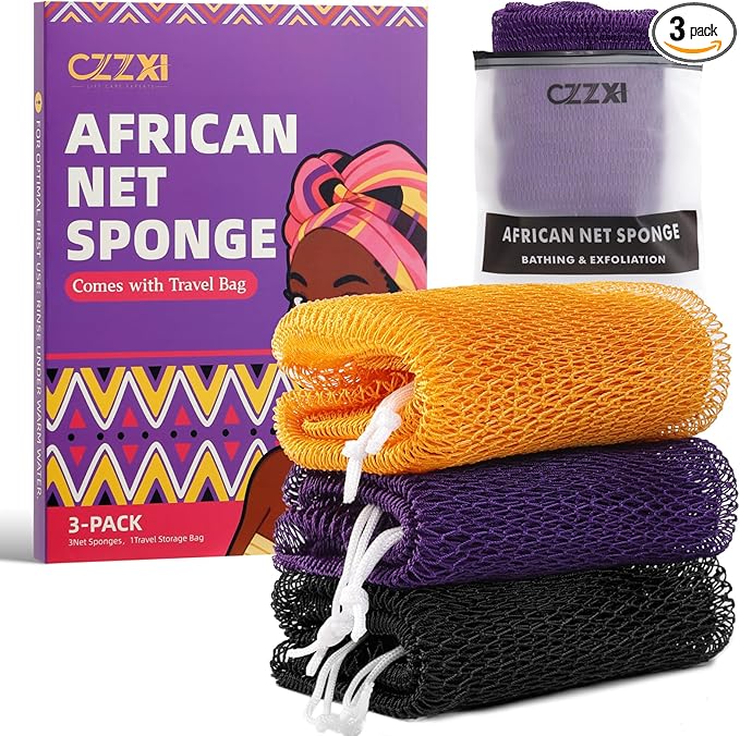 CZZXI 3-Pack African Net Sponge, Back Exfoliating Body Scrubber