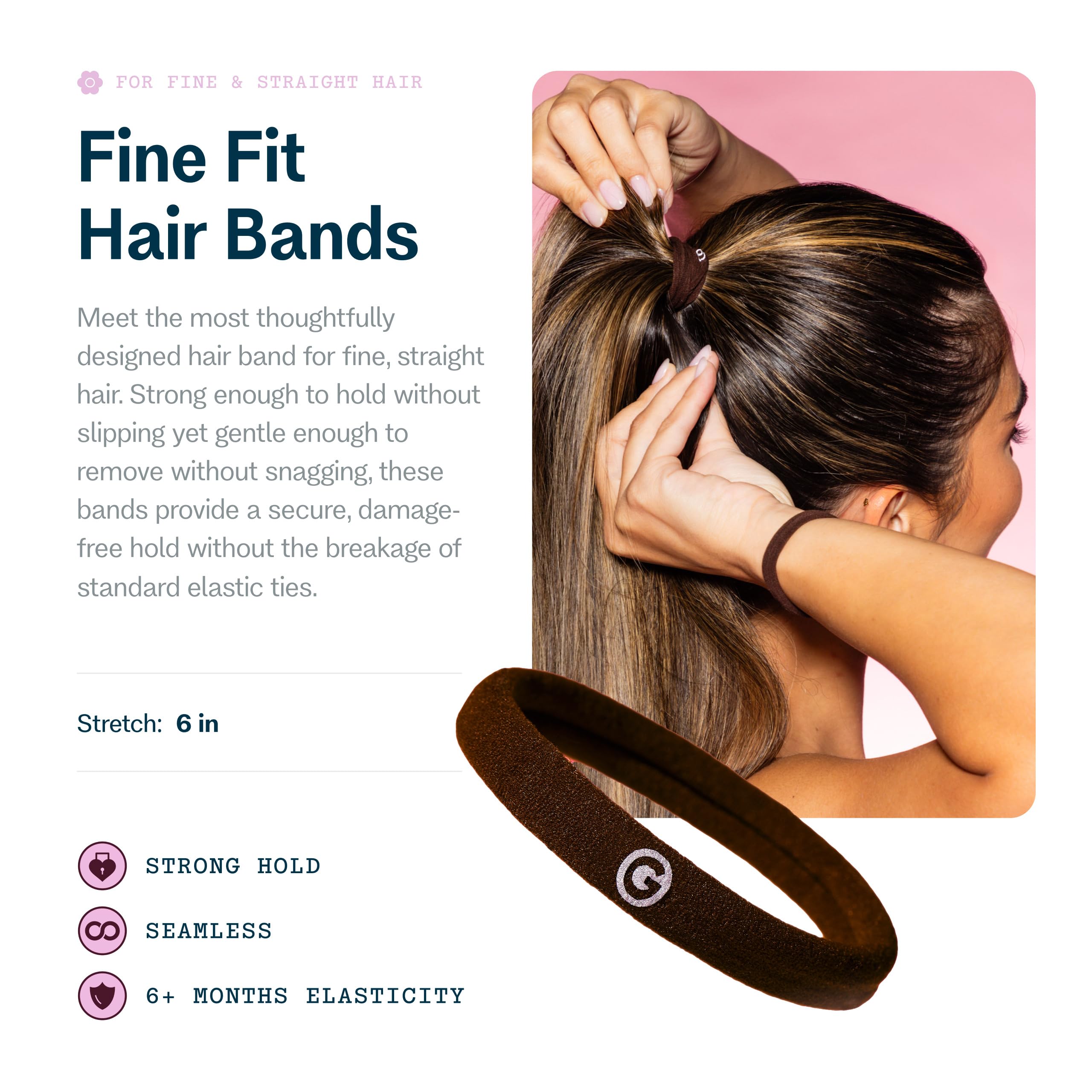 Gimme Beauty Fine Hair Elastic Bands - Slim-Fit Elastic Ties for Fine, Brittle, or Bleached Hair - No-Dent, Gentle-Grip Ponytail Holders for All-Day Comfort - 12 Pack, Dark Brown