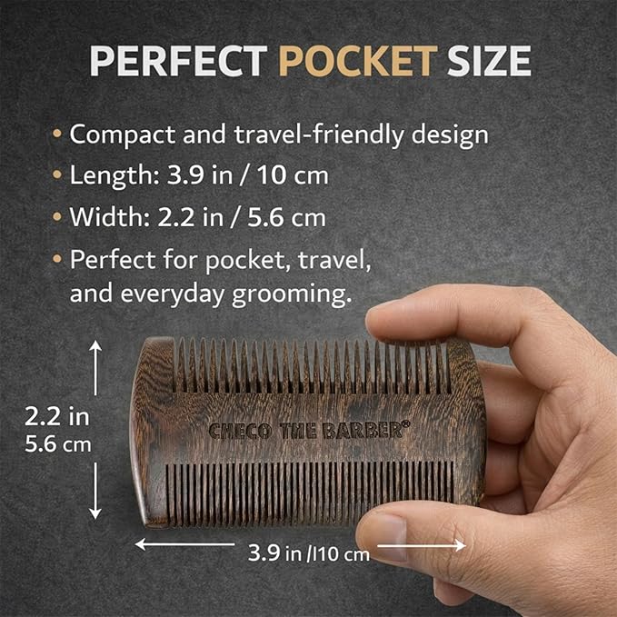 Sandalwood Beard Comb with Protective Case - Anti-Static Dual Action Fine & Coarse Teeth - Pocket Size Beard Grooming Tool for Men