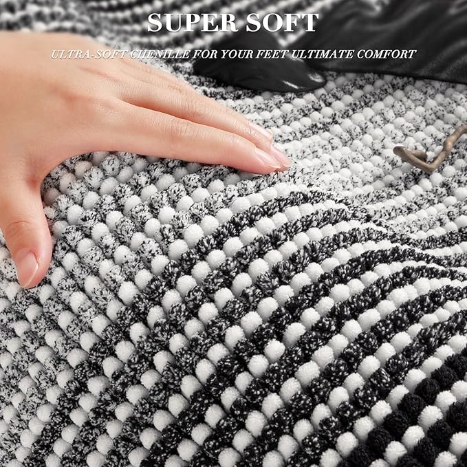 BSICPRO Bathroom Rugs and Mats Sets, 2 Piece Thick Absorbent Chenille Bath Mat Rug Set Non Slip, Soft Shaggy Bath Room Floor Mats for Bathroom, Machine Washable (Black, 20" x 60" Plus 20" x 32")