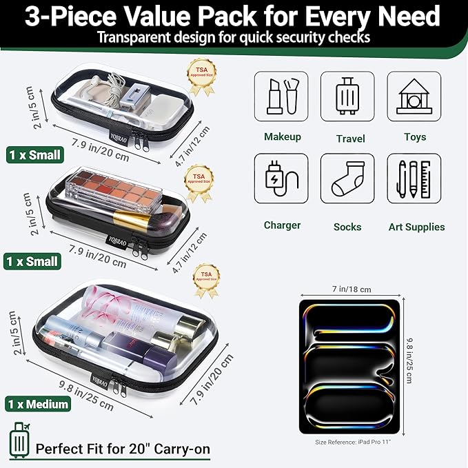YQBRAO Clear Hard Shell Organizer Cases, Black, 3-Pack