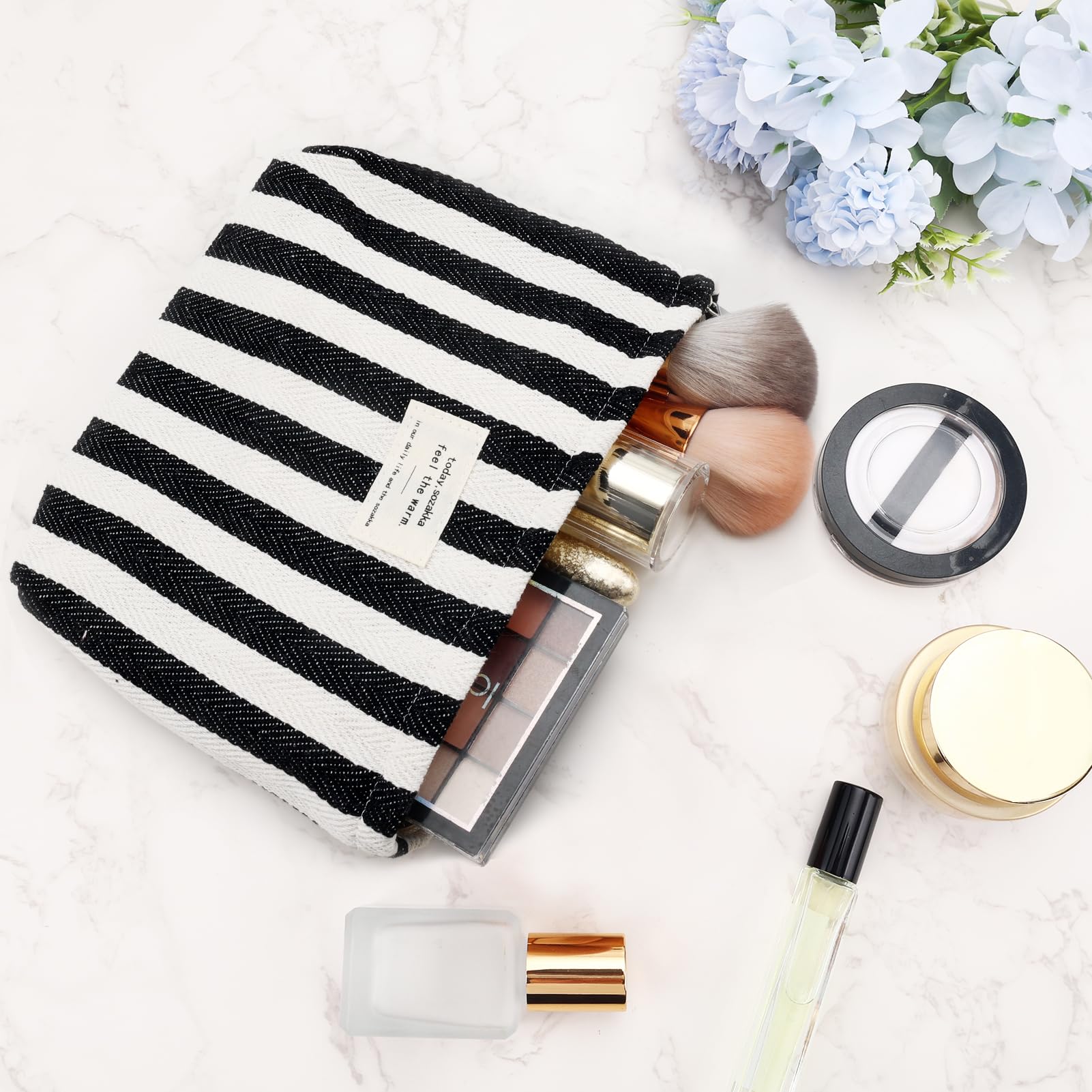 ZLFSRQ Striped Makeup Bag Large Canvas Travel Makeup Bag for Women Cosmetic Pouch Cute Black Striped Make Up Pouch for Purse Y2k Aesthetic Trendy Zippered Toiletry Bags Gift Skincare Storage Organizer