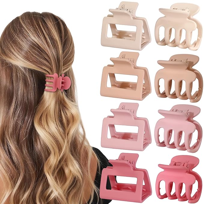 Medium Hair Clips Combination 2 Styles Small Claw Clips for Thin Hair 8 Pcs Matte Non-slip Rectangle Jaw Clips Square Hair Accessories for Women and Girls (Pink)