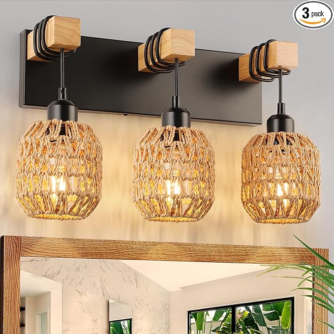 Bathroom Vanity Light Fixtures, 3-Light Farmhouse Bathroom Light Over Mirror, Rustic Boho Wood Sconces Wall Lighting with Woven Lampshade for Living Room, Bedroom, Hallway