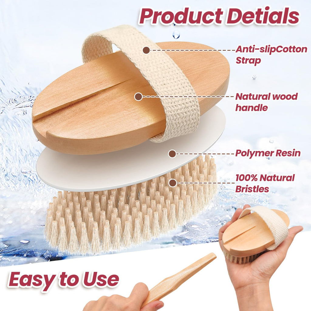 Vafada Wood Bath Brush,Long Handle Body Back Scrubber with Soft and Natural Bristles Antiskid Shower Brush Set for Bathroom Wet or Dry Exfoliating (6 Pack) (20.6'' Long Handle)