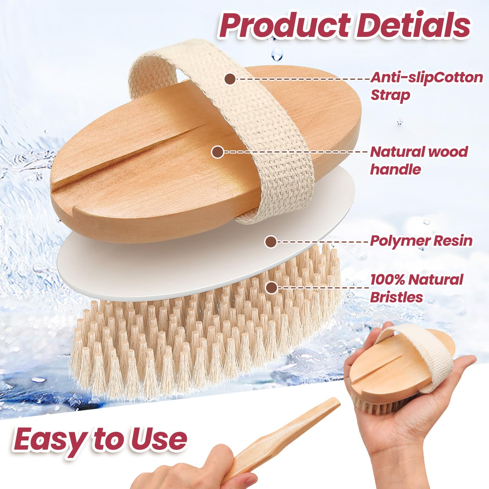 Vafada Wood Bath Brush,Long Handle Body Back Scrubber with Soft and Natural Bristles Antiskid Shower Brush Set for Bathroom Wet or Dry Exfoliating (6 Pack) (20.6'' Long Handle)