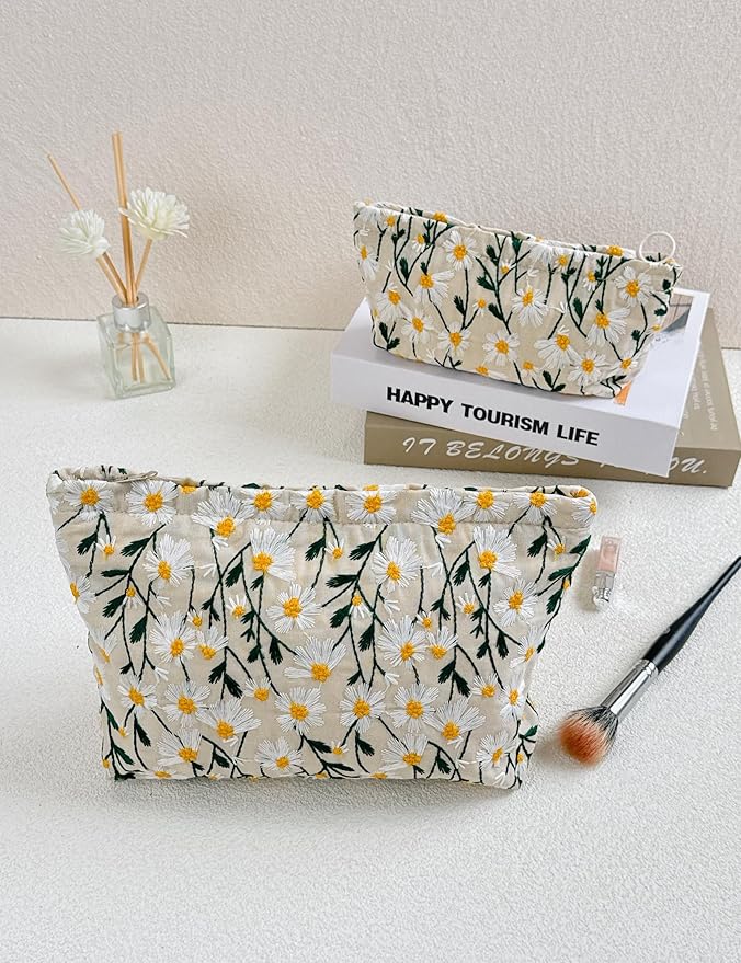 RIKMOXR 2 Pcs Makeup Bags, Large Cosmetic Bag Travel Toiletry Bag Organizer for Women, Embroidery Craft, Floral Makeup Bag Small Cosmetic Pouch Purse with Zipper Gifts for Girls Teen