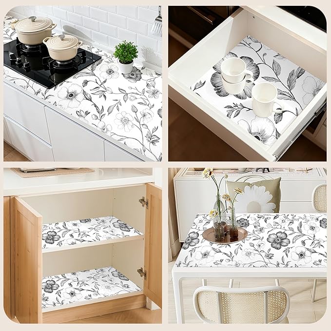 Drawer and Shelf Liner Black Flowers 12in x 20FT, Non Adhesive Anti-Slip Double Layer PVC Reusable Thickened Waterproof Easy Clean for Kitchen Cabinets Refrigerator with Knife Tape Measure