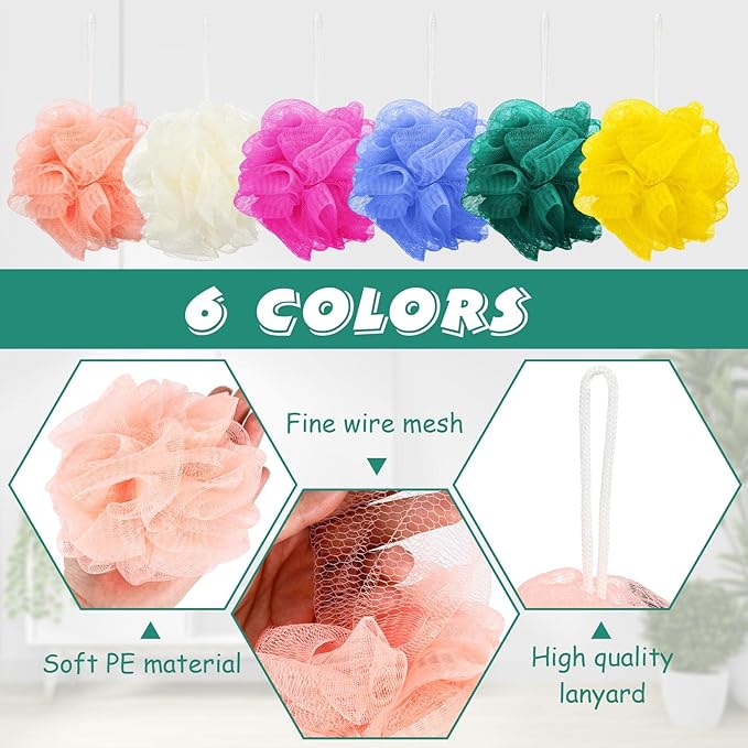 Sunnyray 100 Pcs Bath Loofahs Bulk,Mesh Bath Sponges for Women, 6 Colors