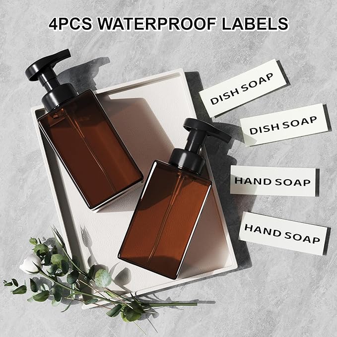 Kzeirm Amber Foaming Soap Dispenser, Refillable Foam Hand Soap Dispenser, Set of 2 Empty Foamer Pump Bottle, Brown Foaming Dispenser Bottles with Black Pump