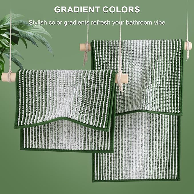 Bathroom Rugs and Mats Sets, 2 Piece Thick Absorbent Chenille Bath Mat Rug Set Non Slip, Soft Shaggy Bath Room Floor Mats for Bathroom, Machine Washable (Hunter Green, 20" x 60" Plus 20" x 32")