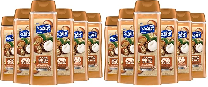Suave Moisturizing Body Wash, Cocoa Butter and Shea with Vitamin E Extract, No Parabens, No Phtahaltes, 18 Oz (Pack of 12)