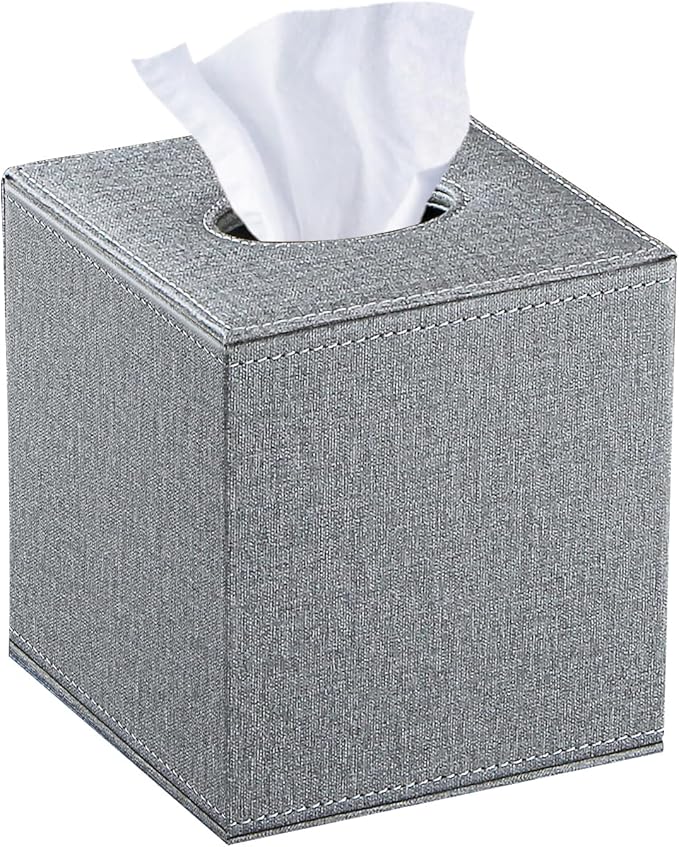 Leather Tissue Box Cover Square,Decorative Cube Tissue Box Holder with Magnetic Bottom,Facial Paper Organizer Table Napkin Case Dispenser for Bathroom NightStand Coffee Car Home Office,Grey