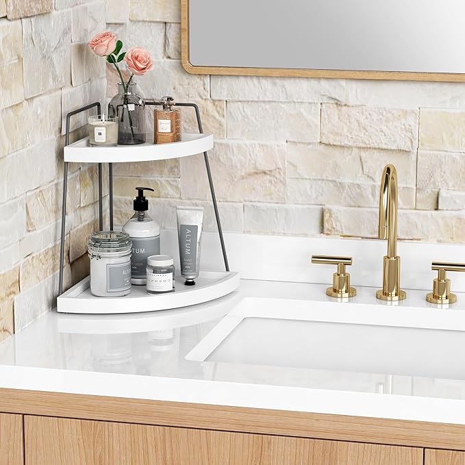 Forbena Corner Bathroom Organizer Countertop, 2Tier Sink Corner Shelf Stand for Kitchen Counter, Modern Coffee Bar Organizer Station, Round Vanity Tray for Men Desk Organization -White and Grey