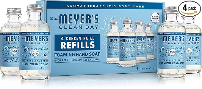 MRS. MEYER'S CLEAN DAY Foaming Hand Soap Concentrated Refills, 4 Concentrated Refills (2 Fl. Oz each), Rain Water Scent, Makes 40 Fl. Oz. of Foaming Soap Total