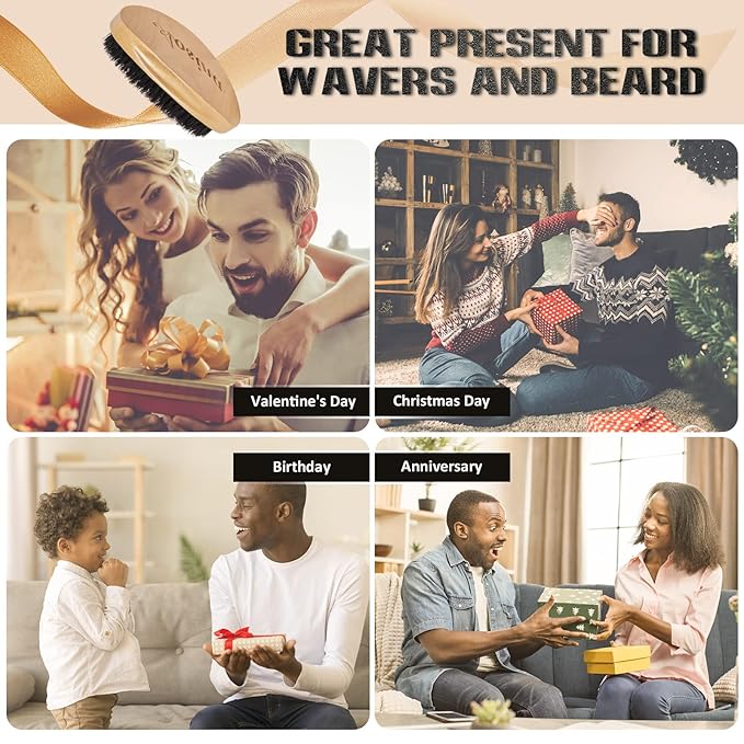 Aosina Soft 360 Wave Brush for Men, 100% Pure Boar Bristle Hair Brush for Men, Beech Wood Curved Palm Brush for Fresh Cuts, Beginners, Short Hair Waves & Beard Grooming