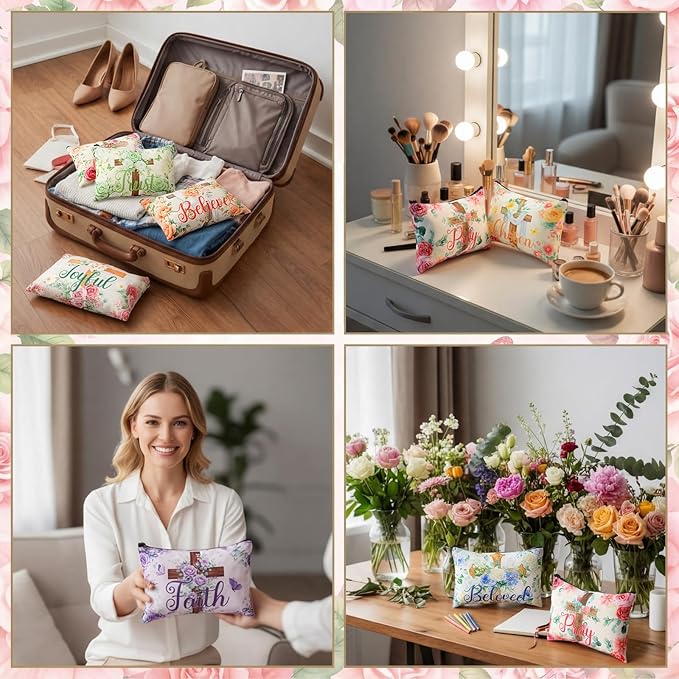 Sweetude 12 Pcs Christian Makeup Bags Bulk Religious Flower Cross Portable Travel Cosmetic Bags with Zipper Cross Waterproof Roomy Travel Toiletry Organizer Storage Beauty Pouch for Women Gifts