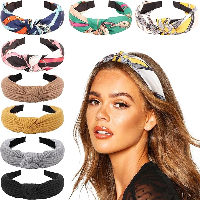 DRESHOW 8 Pack Boho Fashion Turban Headbands for Women Girls, Knotted Headbands, Ribbed Knitted Fabric, Printed Vintage Plastic Hair Bands, Hair Accessories