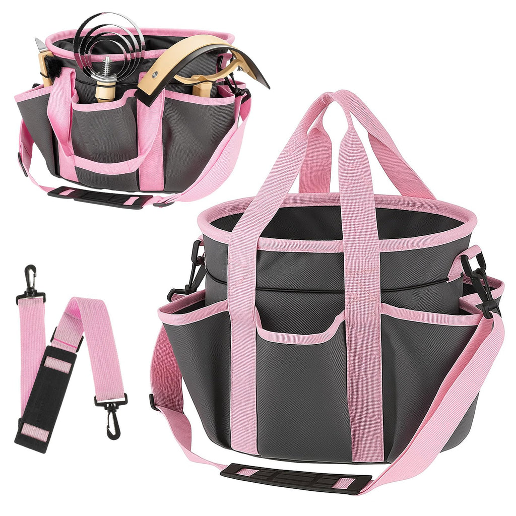 Abbylike Grooming Tote Bag for Horses and Dogs Organize Tack Tools Equestrian Grooming Kit Care Portable with Multiple Pockets for Supplies(Stylish,10.63 x 10.63 x 9.45 Inch,Grey and Pink)