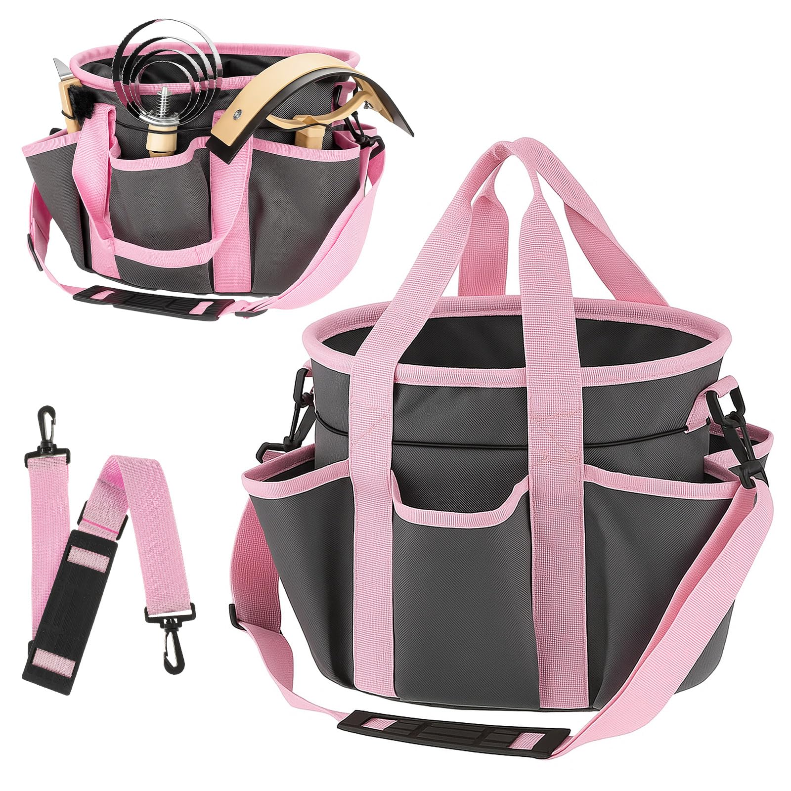 Abbylike Grooming Tote Bag for Horses and Dogs Organize Tack Tools Equestrian Grooming Kit Care Portable with Multiple Pockets for Supplies(Stylish,10.63 x 10.63 x 9.45 Inch,Grey and Pink)