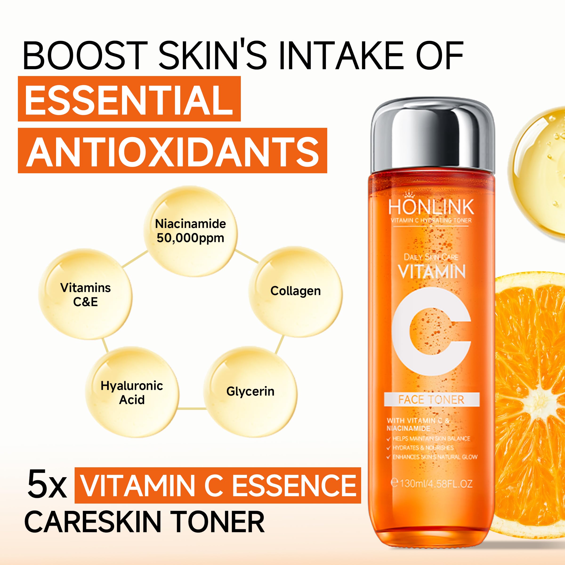Vitamin C Hydrating Face Toner 130ml, Gentle Daily Toner with Niacinamide & Hyaluronic Acid, Alcohol-Free Skin Care for All Skin Types, Valentine’s Day Gift for Her