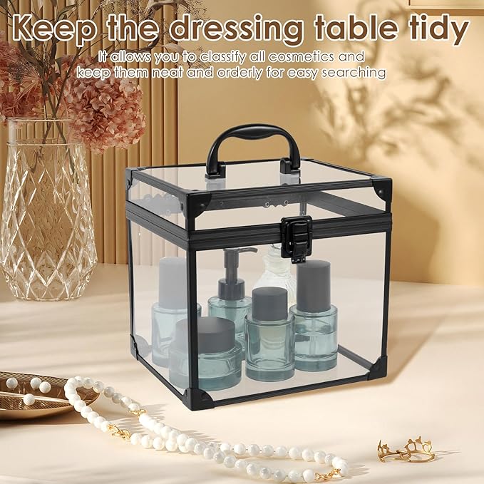 Fizocosisto Makeup Box,Clear Cosmetic Case with Latches and Handle Large Capacity Toiletry Organizer Box Travel Makeup Tools for Vanity Bathroom Counter Dresser(black)