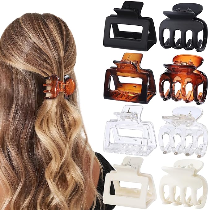 Medium Hair Clips Combination 2 Styles Small Claw Clips for Thin Hair 8 Pcs Matte Non-slip Rectangle Jaw Clips Square Hair Accessories for Women and Girls (Transparent)