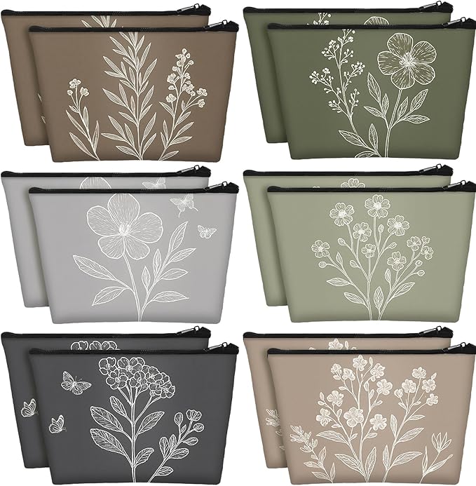 Sweetude 12 Pcs Vintage Boho Flowers Makeup Bag Bulk Boho Gifts Portable Travel Cosmetic Bags with Zipper Retro Floral Waterproof Roomy Travel Toiletry Organizer Storage Beauty Pouch for Women Gifts