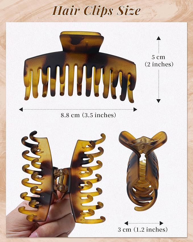 Mesovor 4 Pack Double Row Teeth Hair Claw Clips, 3.5" Large Strong Hold Matte Hair Clips for Thin and Short Fine Hair Accessories (Tortoise Matte)