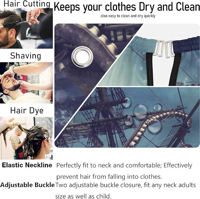 visesunny Barber Cape Octopus And Pirate Ship Black Pattern Polyester Hair Cutting Salon Cape Apron Anti-Static Haircut Shaving Cloth Beard Shaving Bib Hairdressing Cape