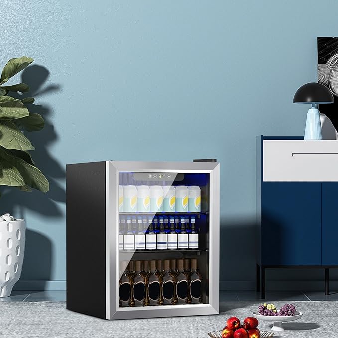 DOGHLY Beverage Refrigerator Cooler, 70 Can Mini Fridge Glass Door for Drinks Soda, Beer, or Wine - Small Refrigerator for Office Bedroom Home Bar, Adjustable Shelves, 1.7 Cu.Ft, Silver