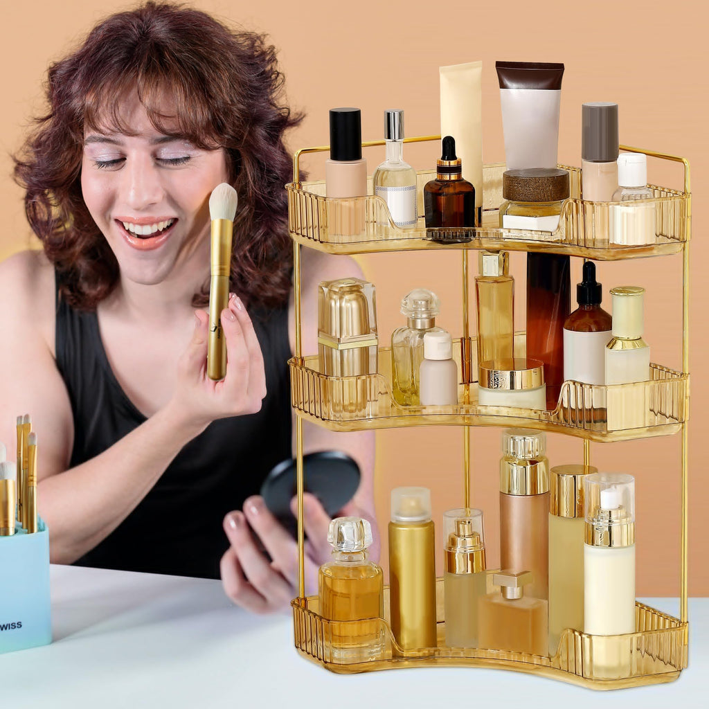 Weidace Corner Bathroom Counter Organizer Bathroom Countertop Shelf Makeup Organizer for Vanity Perfume Tray for Corner Storage (3 Tiers, Gold)