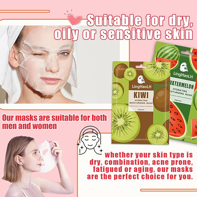 20 Pack Facial Sheet Face Mask Variety Set for All Skin Types,Hydrating Moisturizing Sheet Masks Combo