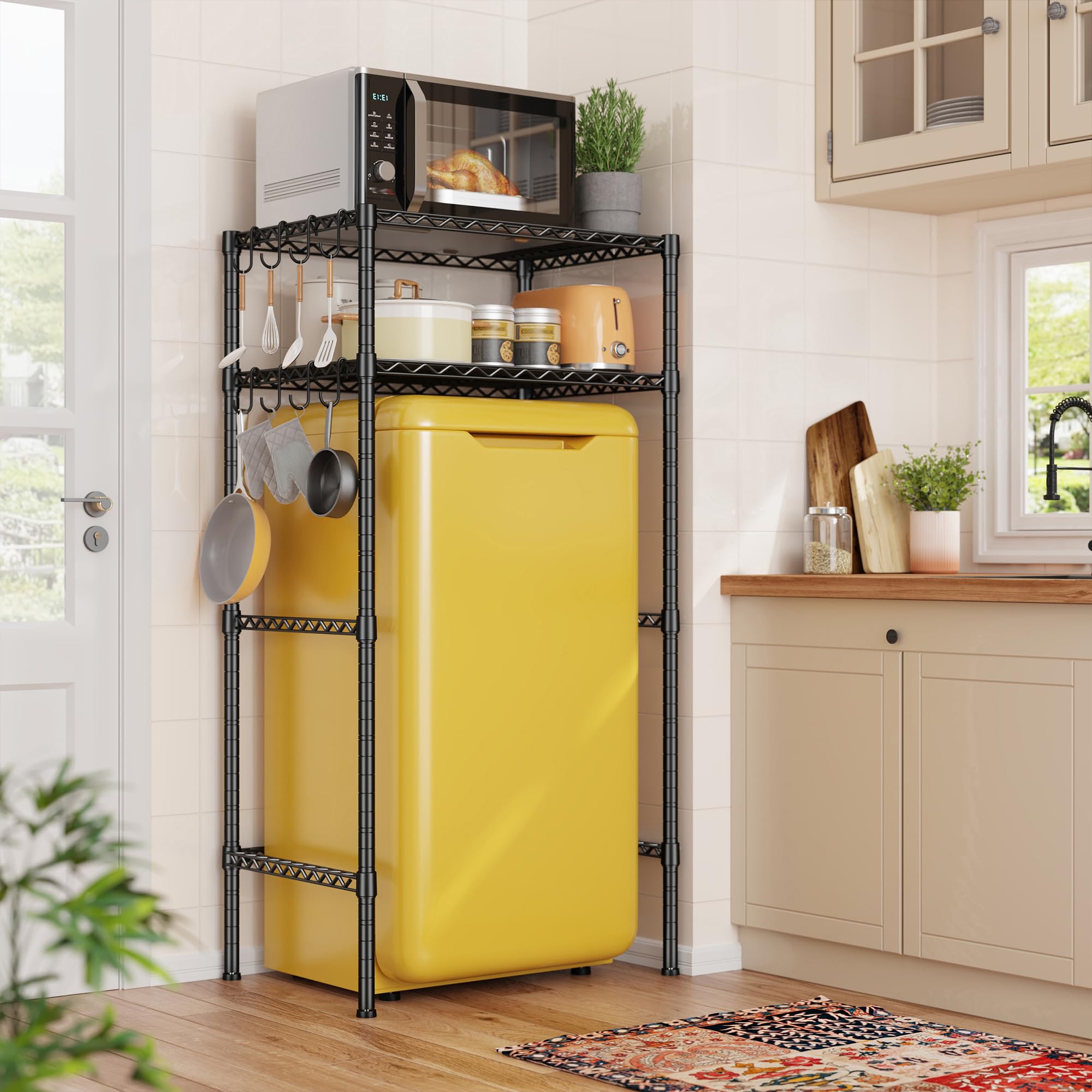 REIBII Mini Fridge Shelf with Storage, 2-Tier Adjustable Metal Shelving Unit with 8 Hooks,176 LBS Heavy Duty Organizer Rack for Dorm Room,Apartment, Kitchen and Office,52.36" H x 26.38" W x 18.1" D