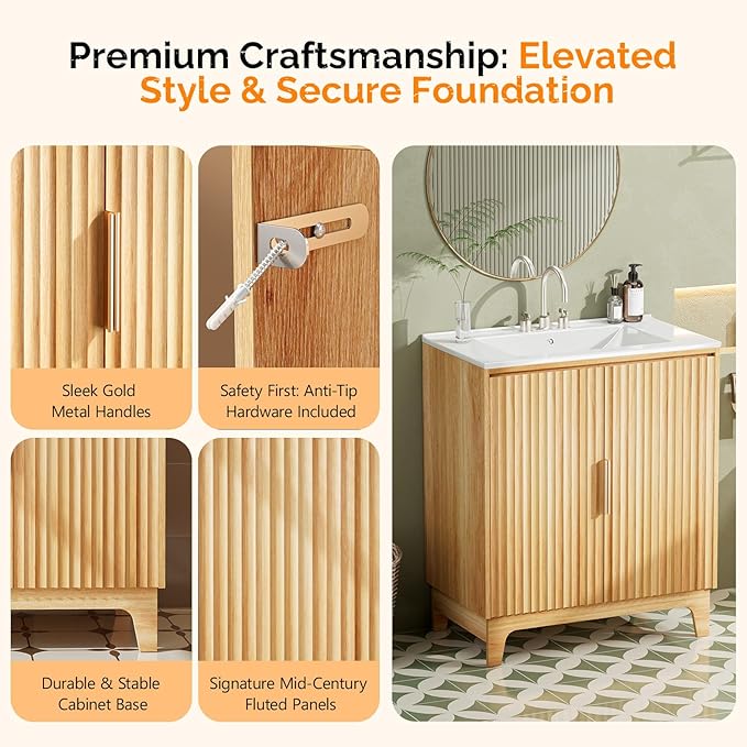 VINGLI 30 Inch Bathroom Vanity with Sink, Mid Century Modern Freestanding Cabinet with Ceramic Top, Fluted Soft-Close Doors & U-Shape Storage for Small Bathroom, Natural Oak