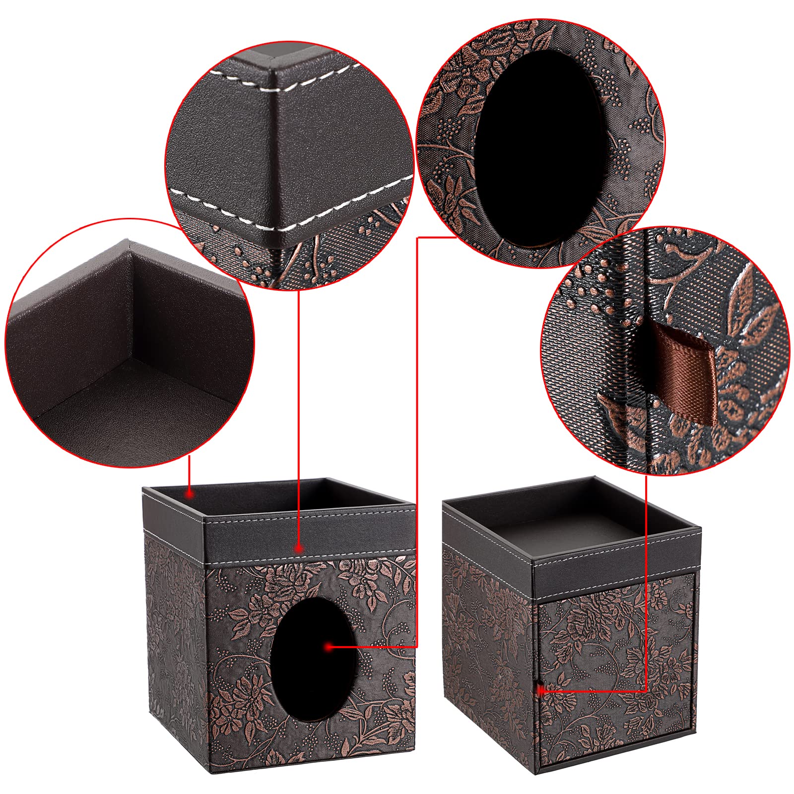 Sumnacon Leather Square Tissue Box Cover - Decorative Cube Tissue Box Holder with Tray, Stylish Facial Tissue Holder for Bathroom Vanity Dresser Table Home Office Bar, Brown Flower