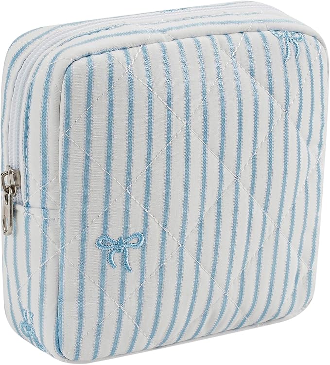RSRSLEII Small Quilted Striped Cosmetic Pouch for Purse, Mini Cotton Makeup Bag with Compartments, Cute Zipper Lipstick Holder for Women (28 White Stripes)