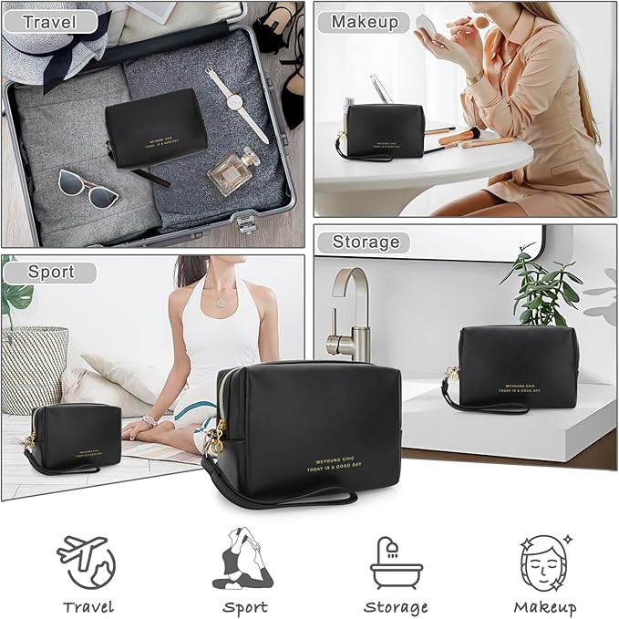 JINSI Small Makeup Bag Travel Cosmetic Bag Toiletry Zipper Pouch Make Up Organizer Bag with Handle Purse for Women Soft PU Leather Skincare Case (Black)