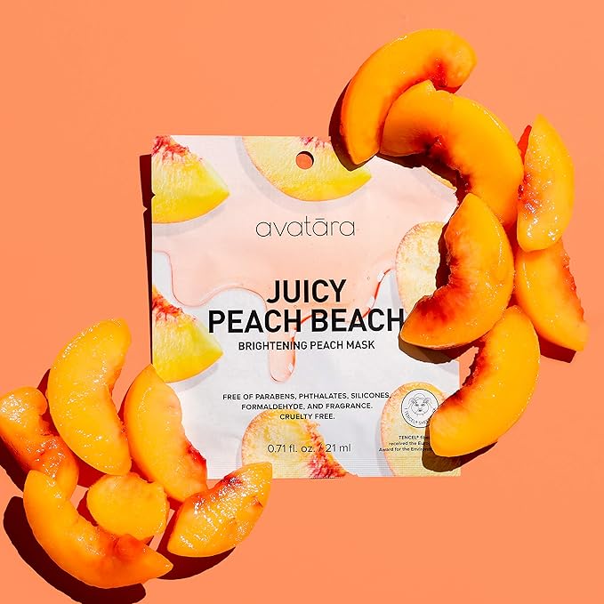 Avatara Juicy Peach Brightening Facial Mask 15 Sheets, Beauty and Skincare Sheet Masks with Peach Extracts, Hyaluronic Acid and Clean Ingredients for Clearer, Brighter Skin With Natural Glow, 15 Pack