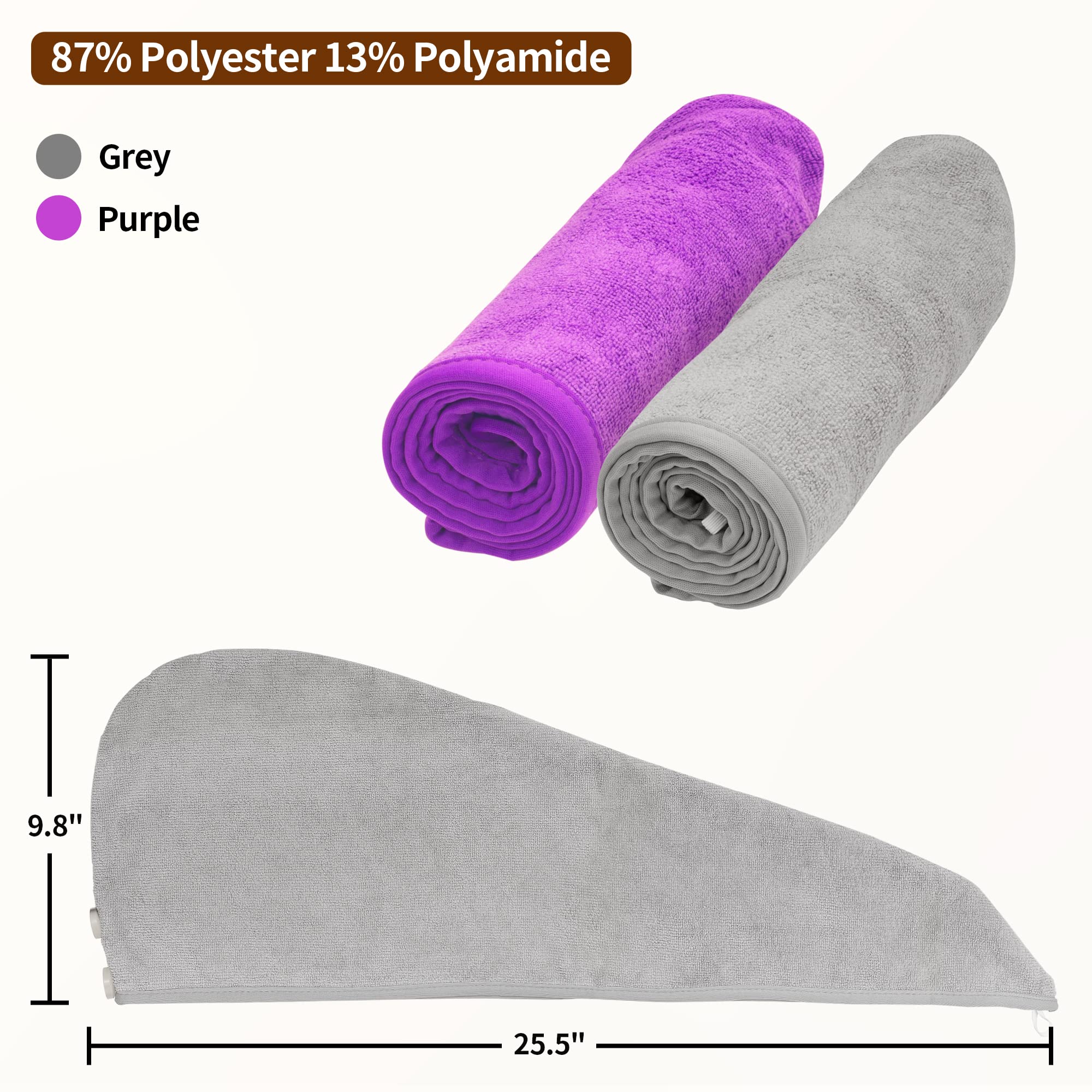 NEXCOVER Hair Towel Microfiber, 2 Pack Grey Purple 9.8 inch X 25.5 inch Hair Wrap,Ultra Absorbent Hair Turbans,Fast Drying Head Towels for Women Wet Hair,Long,Curly,Thick,Frizzy Hair