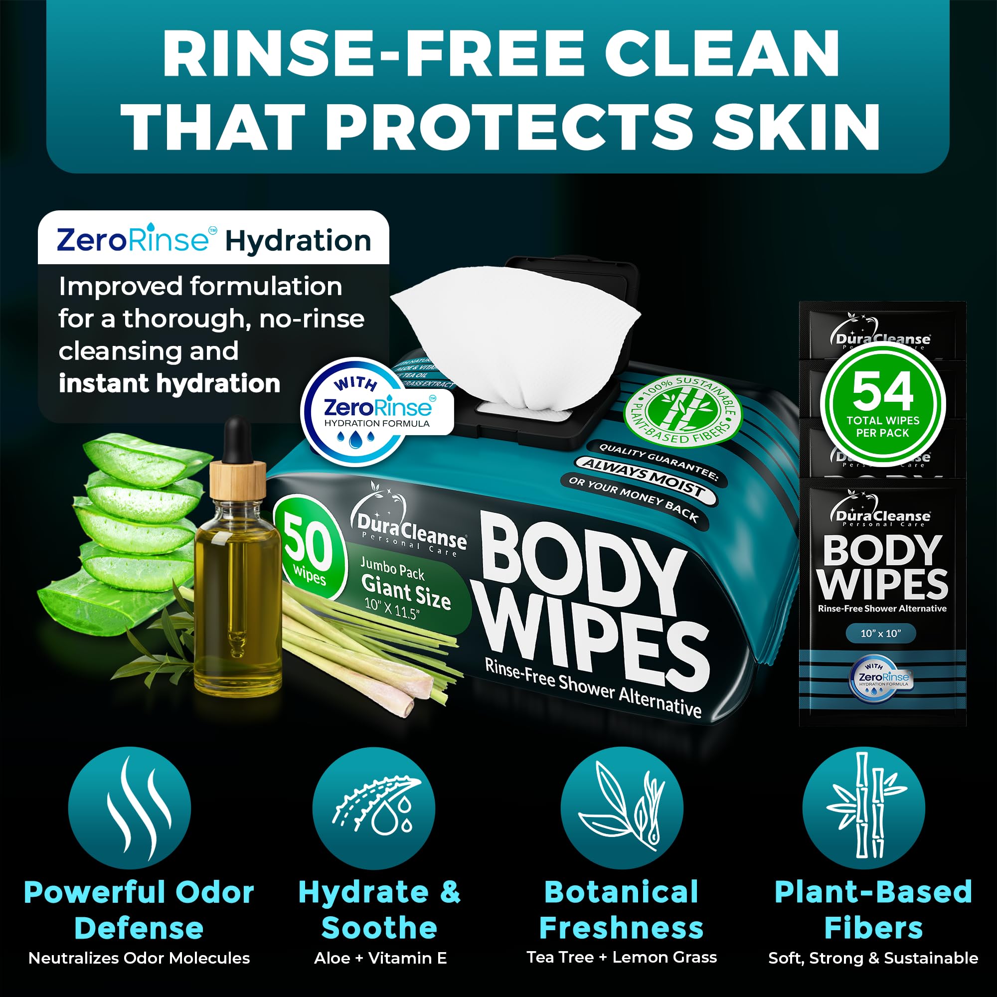 XL Body Wipes for Men - 50 No Rinse Shower Sheets + 4 Travel Bath Sachets - 10 x 11.5" After Gym Mens Deodorant Wipes - Adult Disposable Washcloths, Face Towels for Camping Essentials & Survival Gear