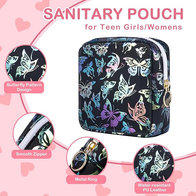 Likesing Period Bag Pouch, Leather Sanitary Napkin Storage Bag for Girls Womens, Portable Sanitary Napkin Period Pad Pouch Bag for Purse (Black-Dancing Butterfly)
