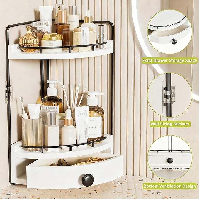 Aollewoiti 2-Tier Corner Bathroom Counter Organizer with Drawer, White
